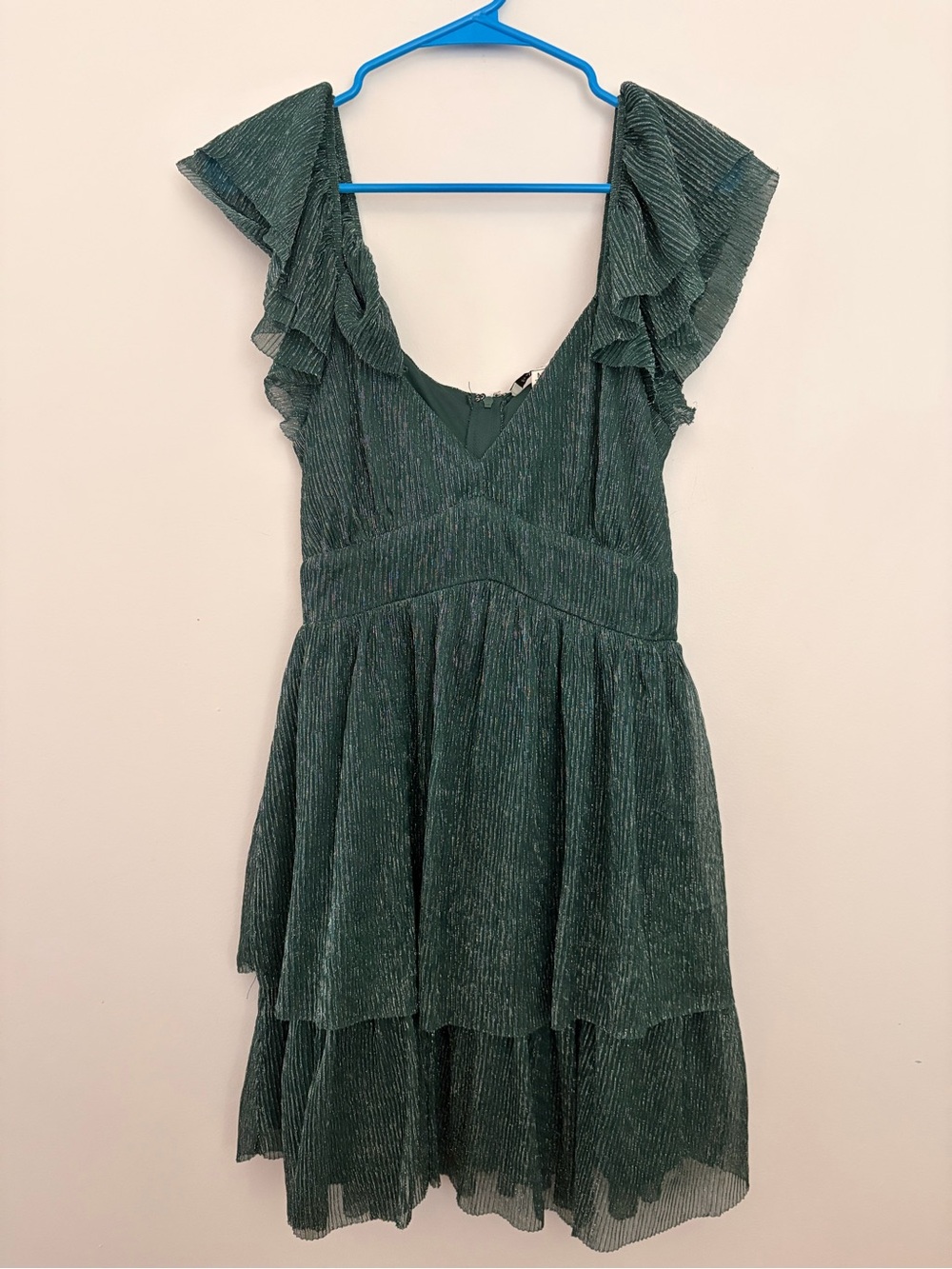 Green Ruffle V-Neck Tiered Sparkly Dress